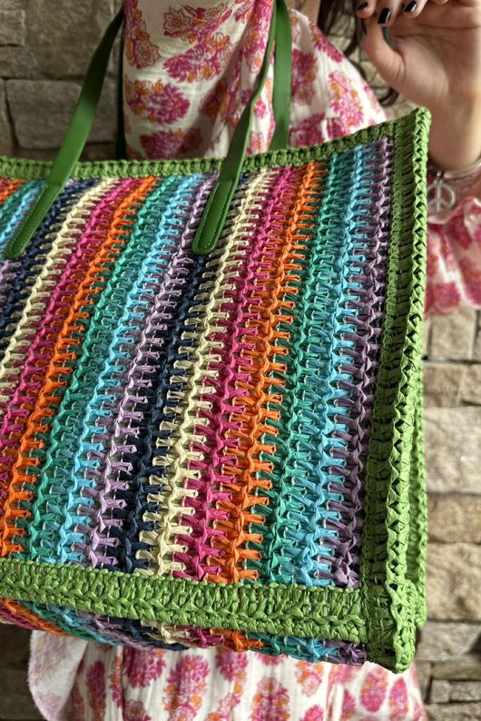 Kondi Rainbow Raffia Tote Bag Green